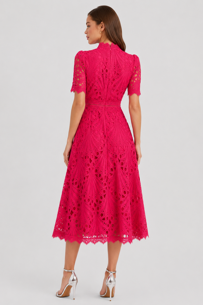 Woman wearing a pink lace dress on a white background