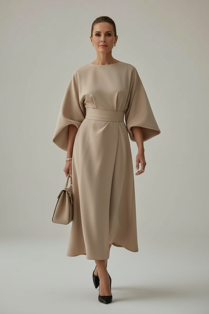 Woman in a beige dress walking on a city street.