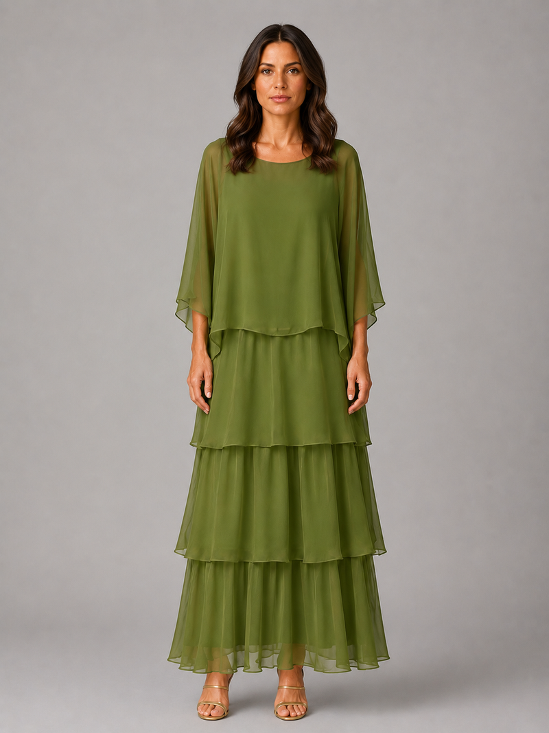 Women’s layered chiffon maxi dress with flowing sleeves, a relaxed full-length silhouette, and soft draped detailing for weddings and elegant occasions.