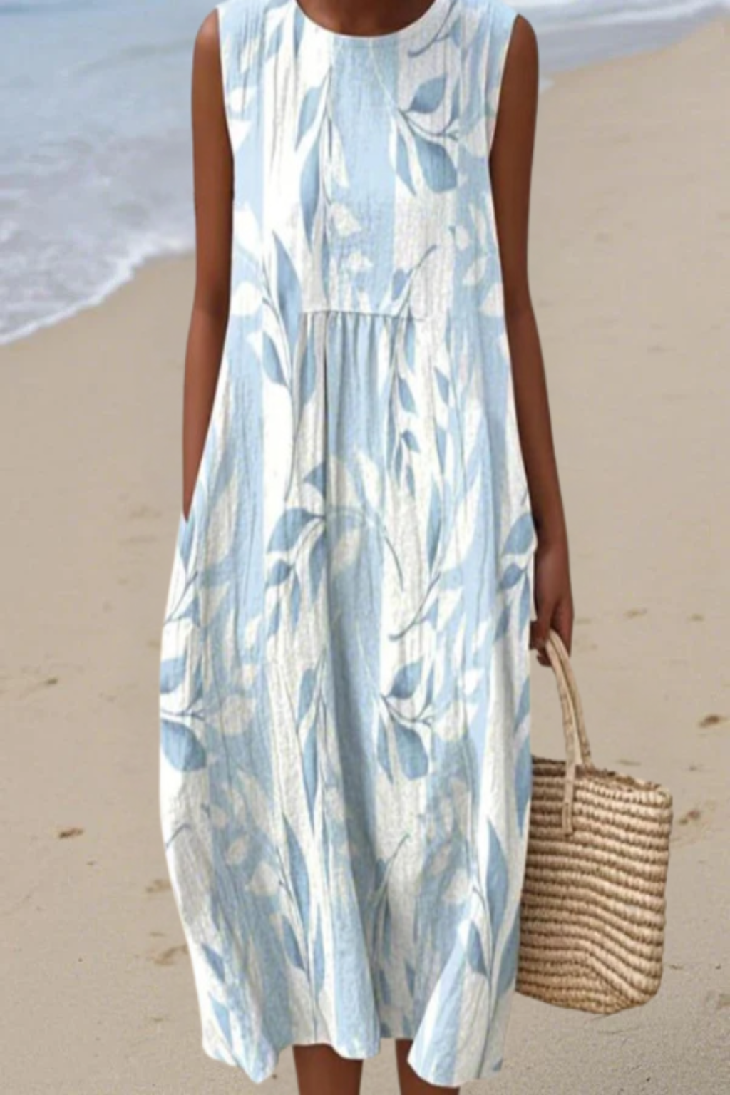 Women’s leaf print midi dress with relaxed fit and flowing silhouette