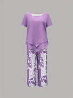 Women’s leaf print top and pants two piece set with relaxed fit