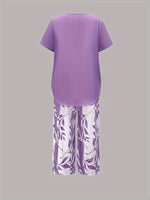 Women’s leaf print top and pants two piece set with relaxed fit