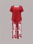 Women’s leaf print top and pants two piece set with relaxed fit