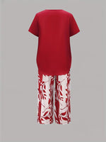 Women’s leaf print top and pants two piece set with relaxed fit