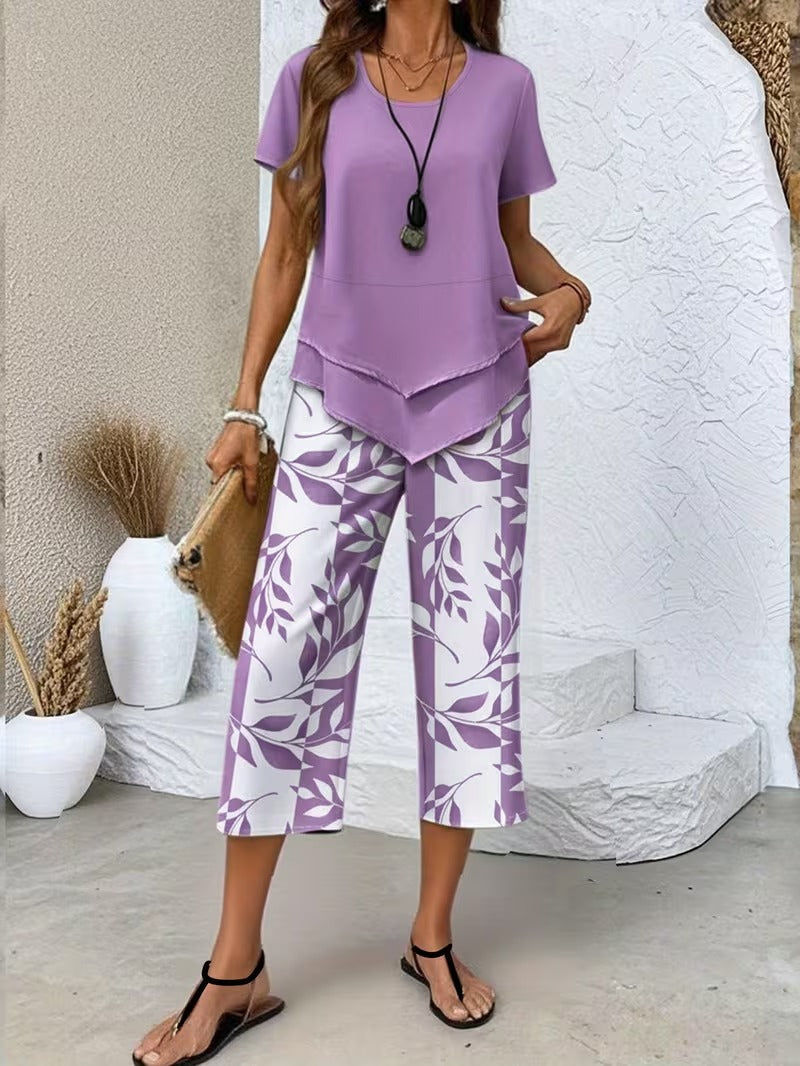 Women’s leaf print top and pants two piece set with relaxed fit