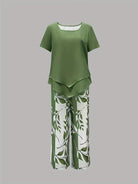 Women’s leaf print top and pants two piece set with relaxed fit