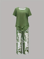 Women’s leaf print top and pants two piece set with relaxed fit