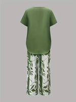 Women’s leaf print top and pants two piece set with relaxed fit