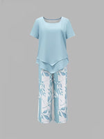 Women’s leaf print top and pants two piece set with relaxed fit