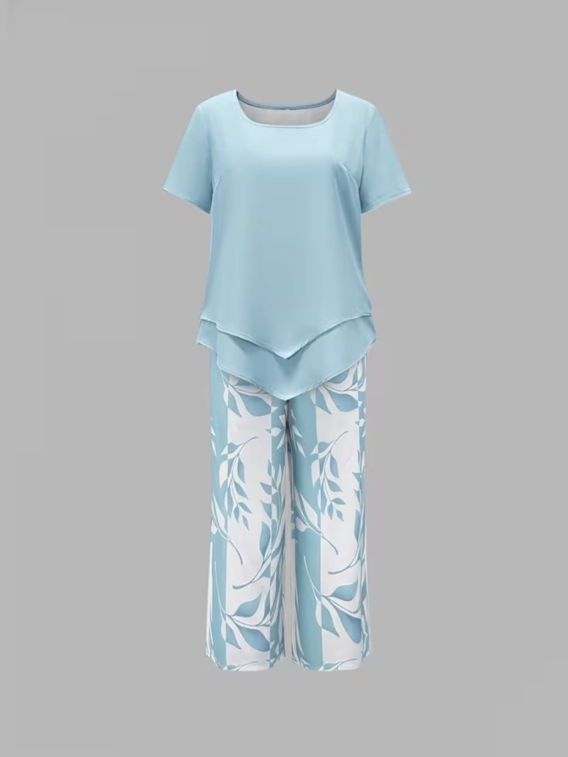 Women’s leaf print top and pants two piece set with relaxed fit