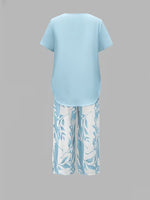 Women’s leaf print top and pants two piece set with relaxed fit