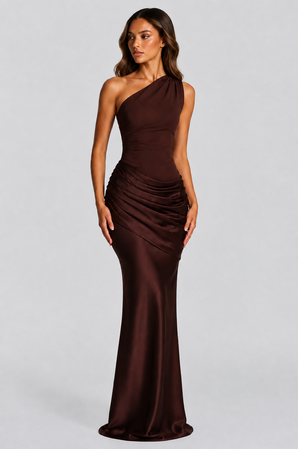 Woman wearing a brown one-shoulder evening gown on a light gray background