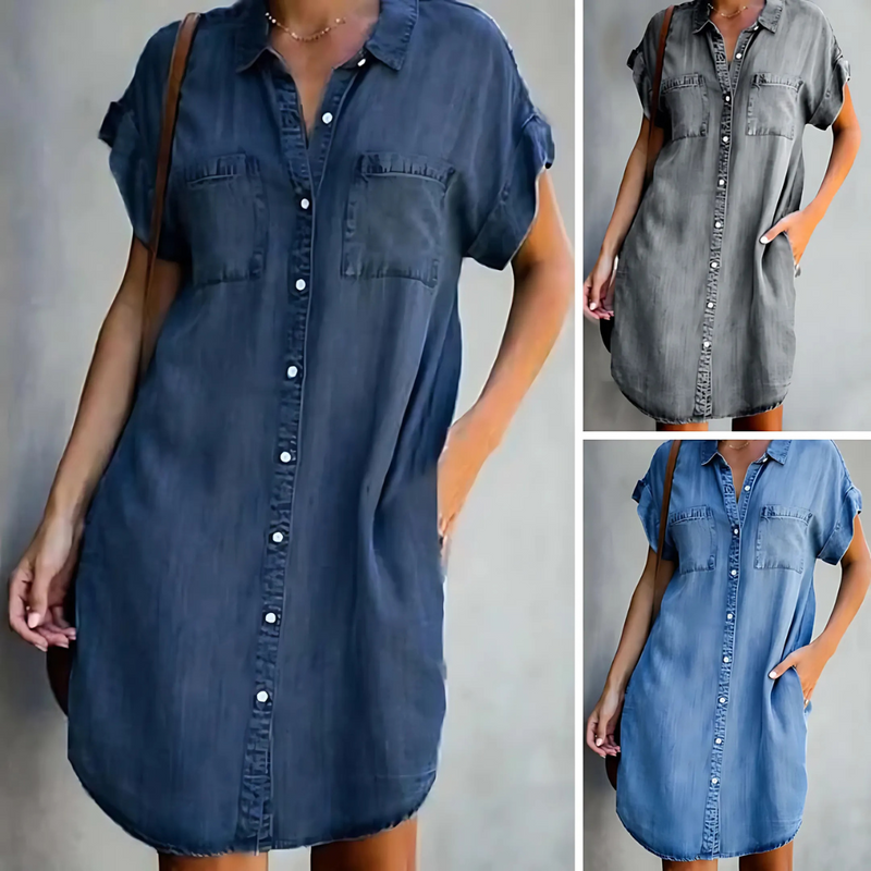 Three denim shirt dresses in different colors on a neutral background