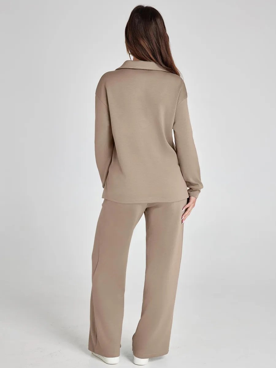 Woman wearing a beige suit on a white background