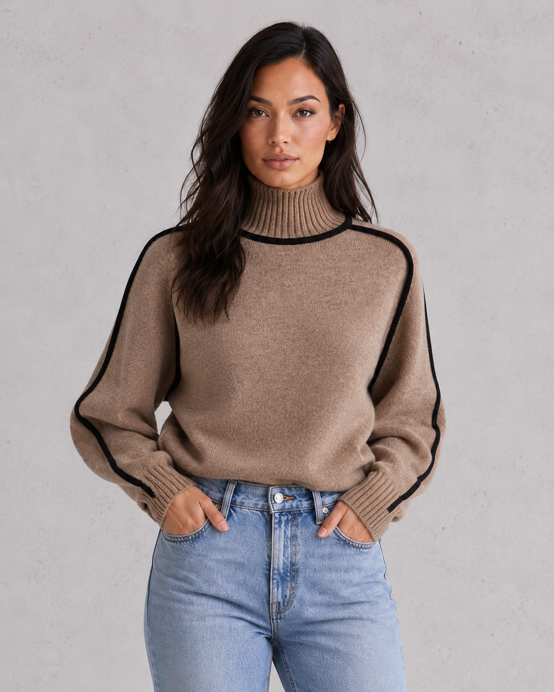 Woman wearing a brown sweater with black trim against a gray background