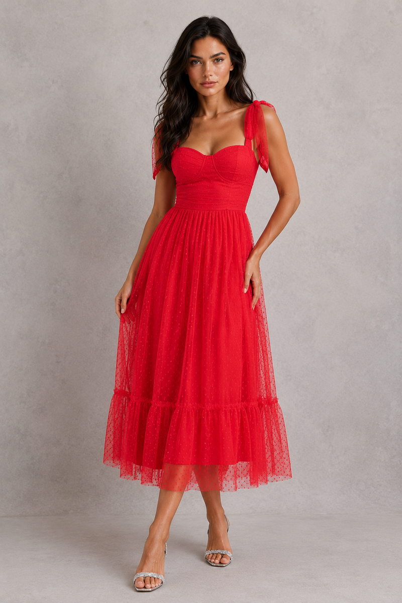 Woman wearing a red dress against a gray background