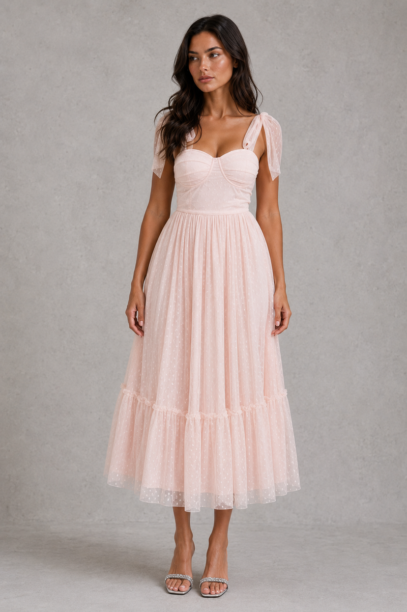 Woman wearing a light pink dress against a gray background