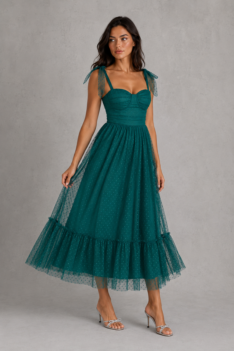 Woman wearing a teal dress with sheer straps against a gray background