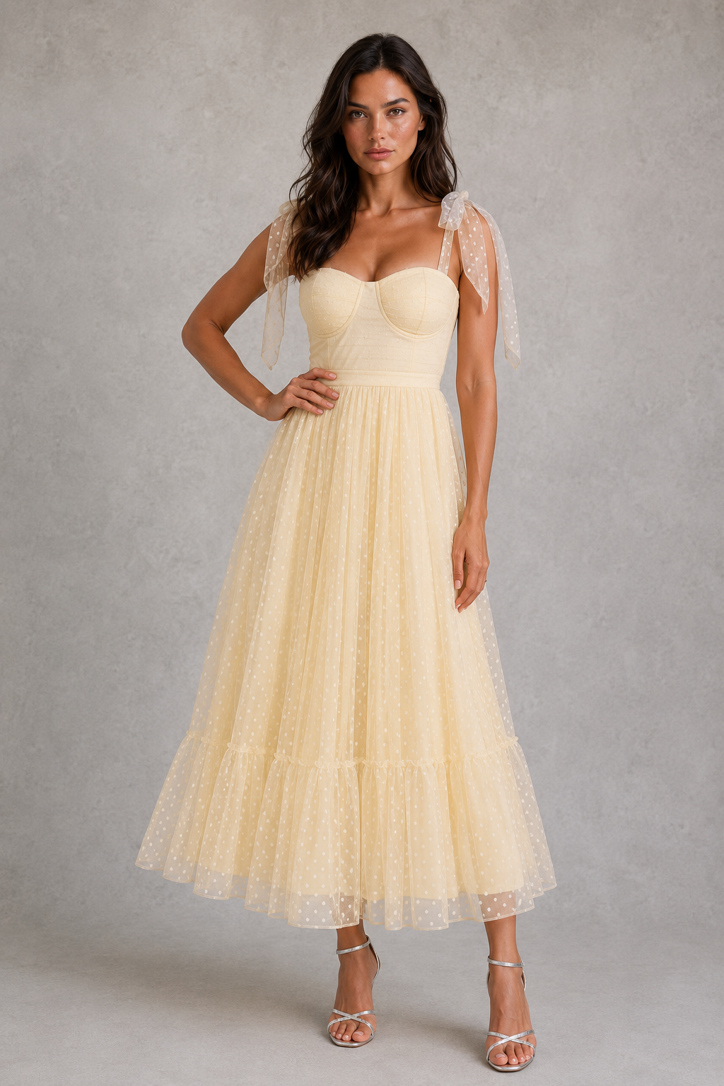 Woman wearing a light yellow dress with sheer sleeves against a gray background