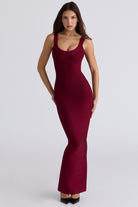 Women’s metallic gold bandage maxi dress with scoop neckline and sculpting bodycon fit
