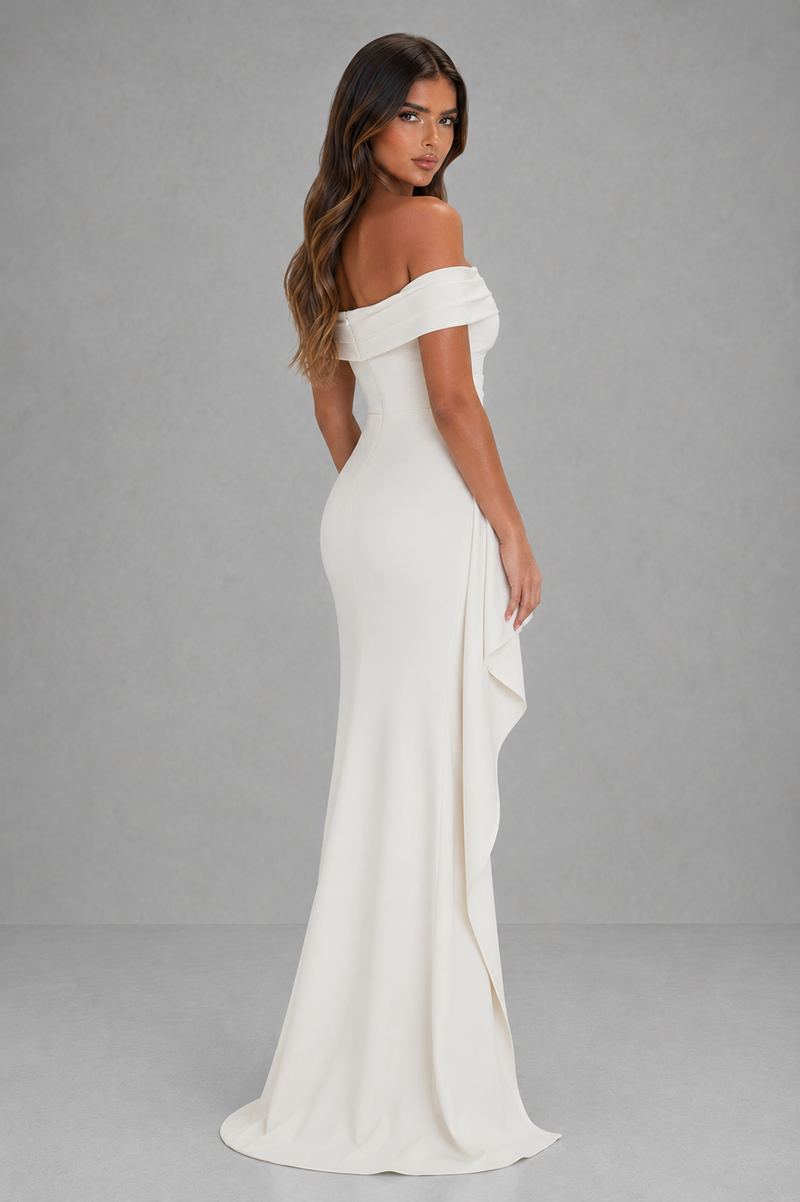 Women’s Off Shoulder Crepe Maxi Dress with Side Gather & Thigh Split