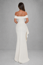 Women’s Off Shoulder Crepe Maxi Dress with Side Gather & Thigh Split