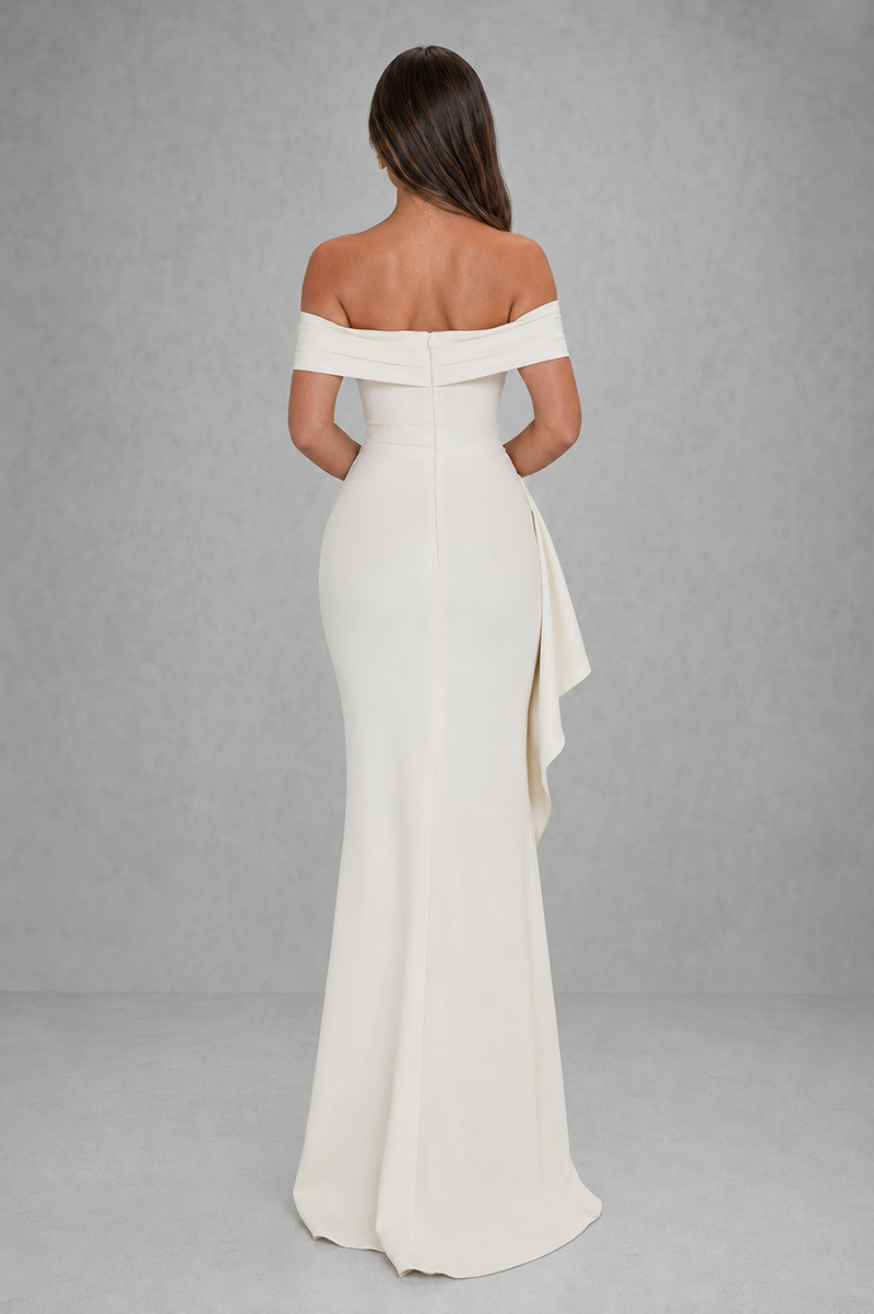 Women’s Off Shoulder Crepe Maxi Dress with Side Gather & Thigh Split