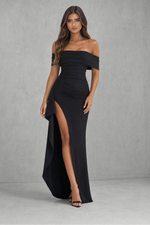 Women’s Off Shoulder Crepe Maxi Dress with Side Gather & Thigh Split