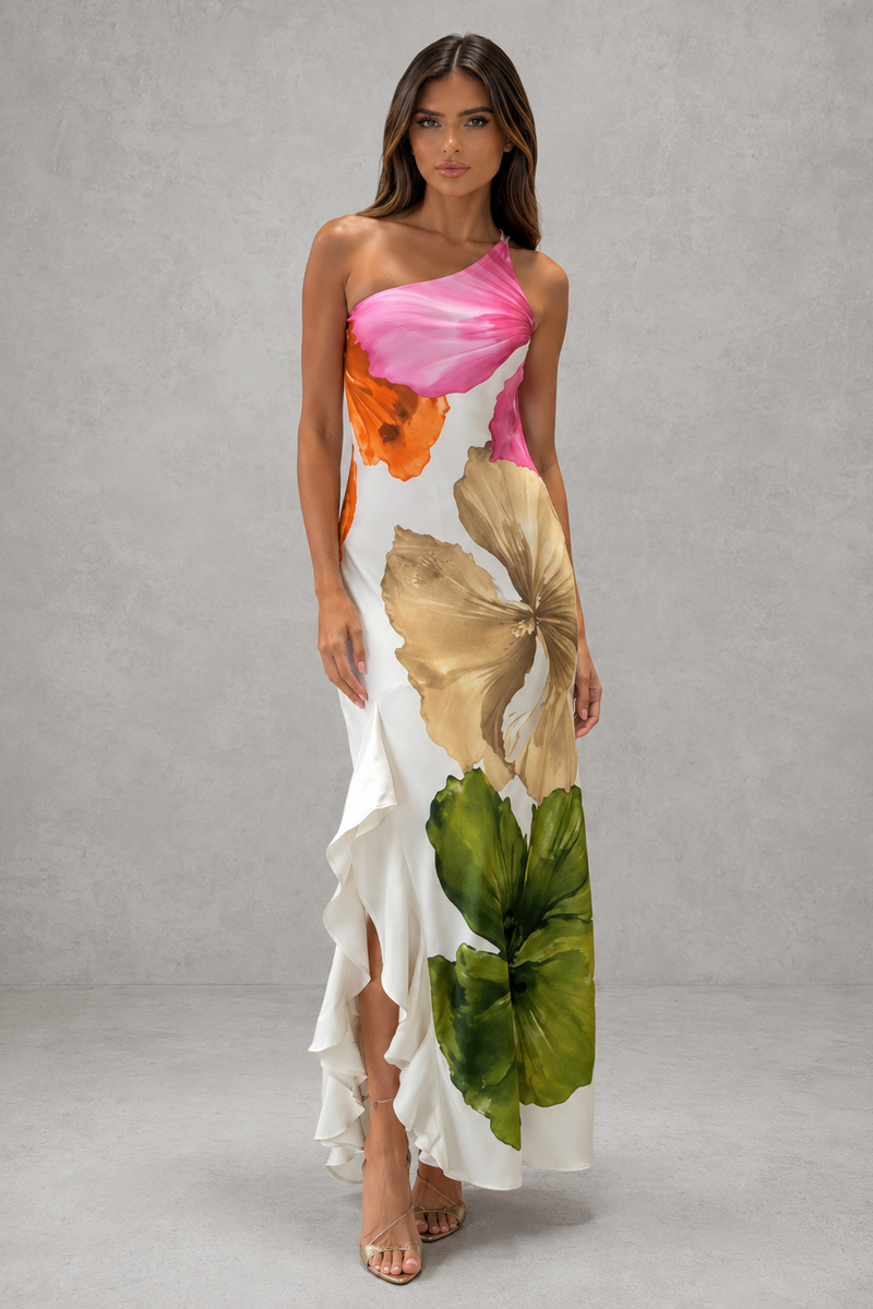 Women’s One Shoulder Floral Maxi Dress with Ruffle Hem for Summer & Occasion Wear