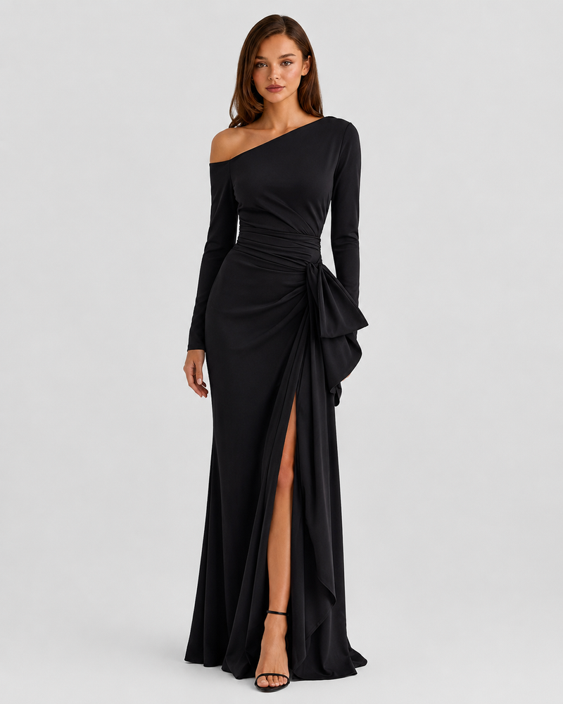 Black one-shoulder dress with a slit on a white background