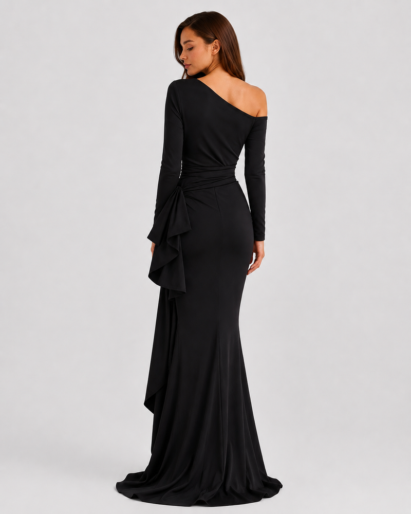 Black off-shoulder evening gown with long sleeves on a white background