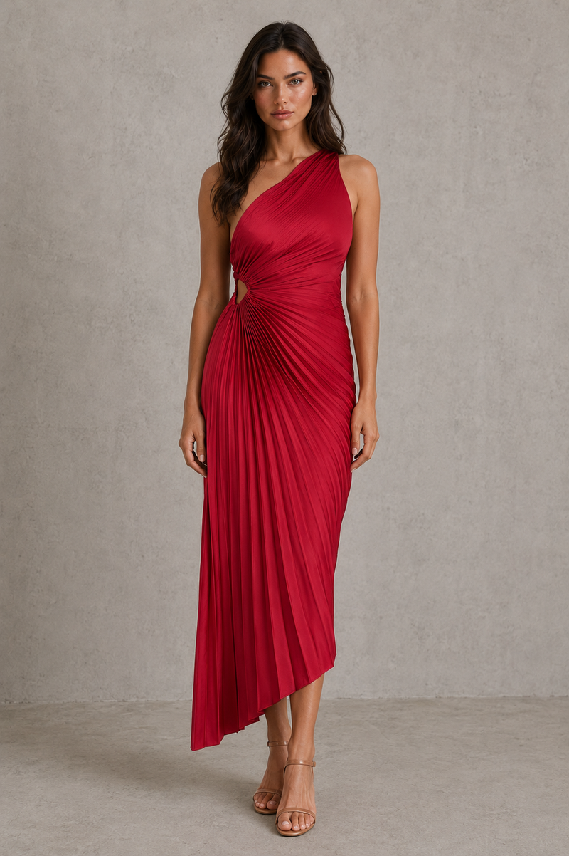 Woman wearing a red one-shoulder dress against a neutral background