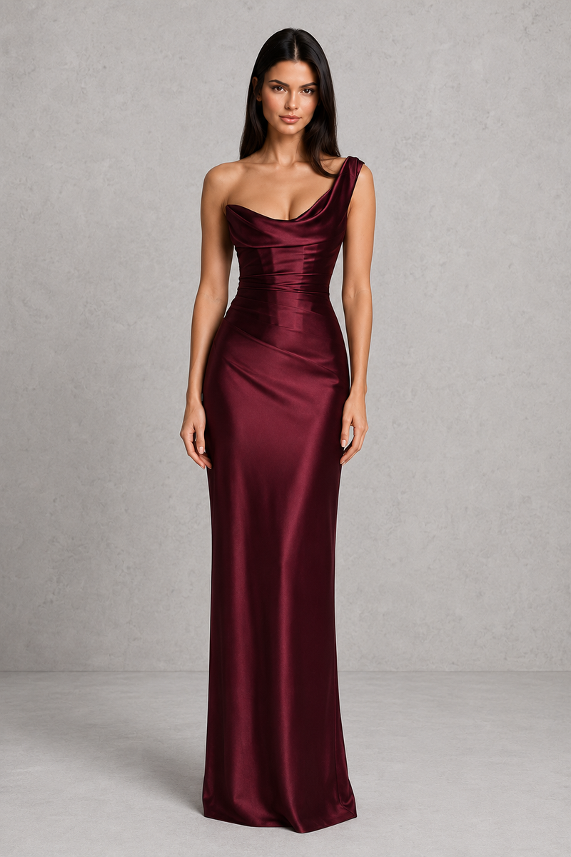 Woman wearing a burgundy one-shoulder gown against a gray background