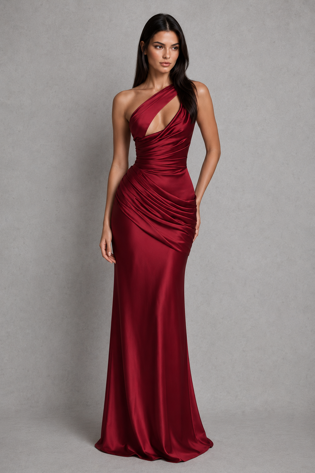 Woman wearing a red evening gown against a gray background