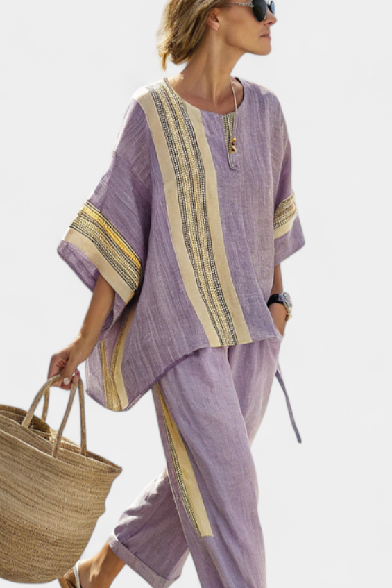 Women’s oversized top with striped wide leg pants two piece set
