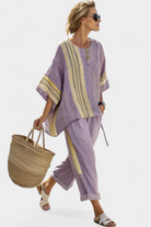 Women’s oversized top with striped wide leg pants two piece set