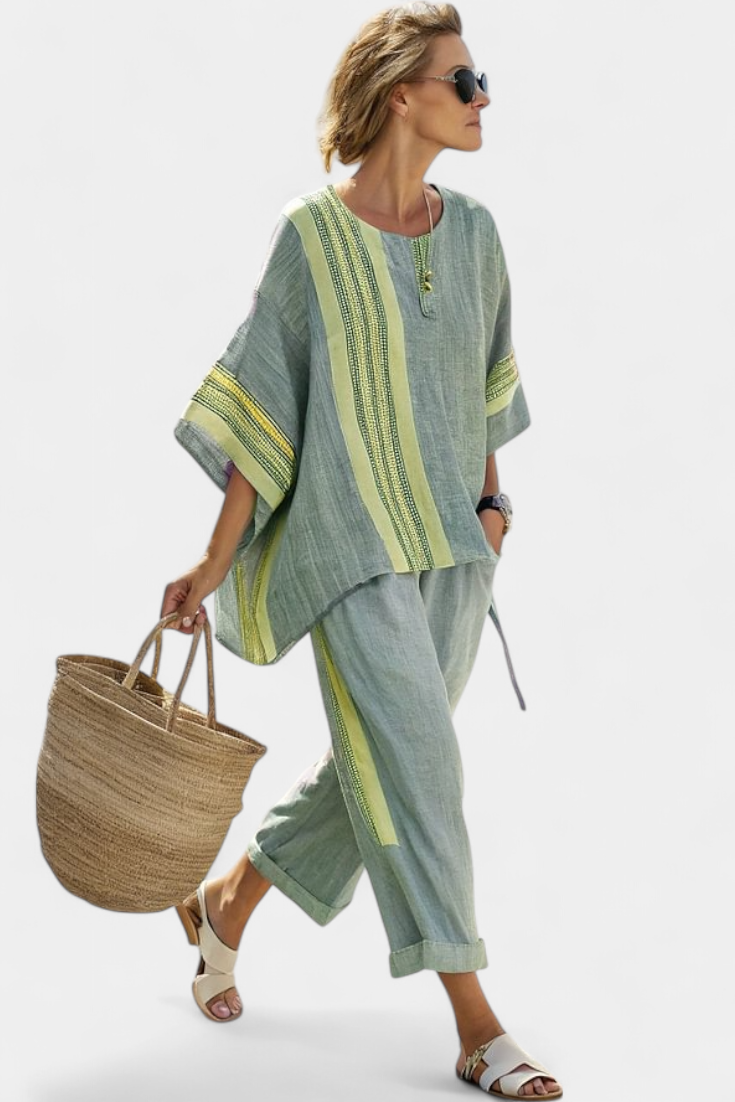 Women’s oversized top with striped wide leg pants two piece set