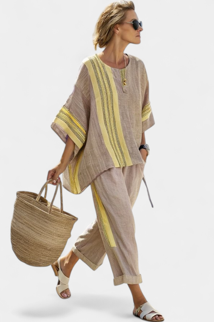 Women’s oversized top with striped wide leg pants two piece set