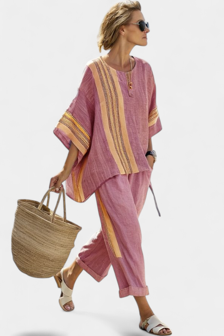 Women’s oversized top with striped wide leg pants two piece set