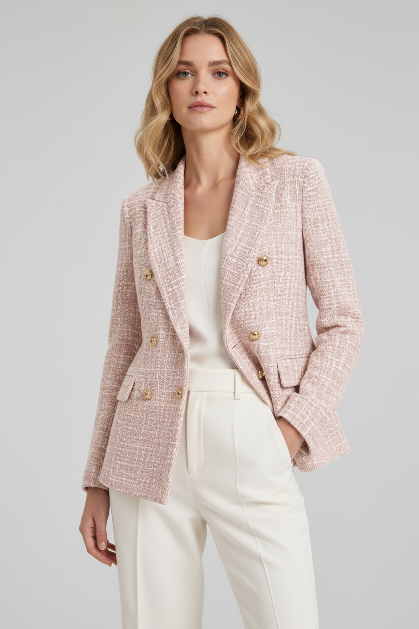 Woman wearing a pink blazer with gold buttons on a light gray background
