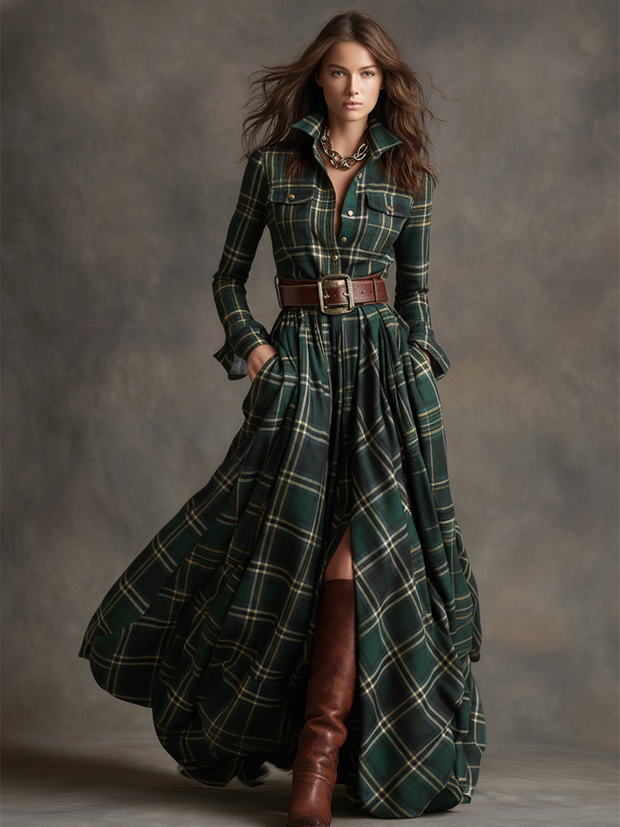 Woman wearing a long green plaid dress with brown boots against a gray background