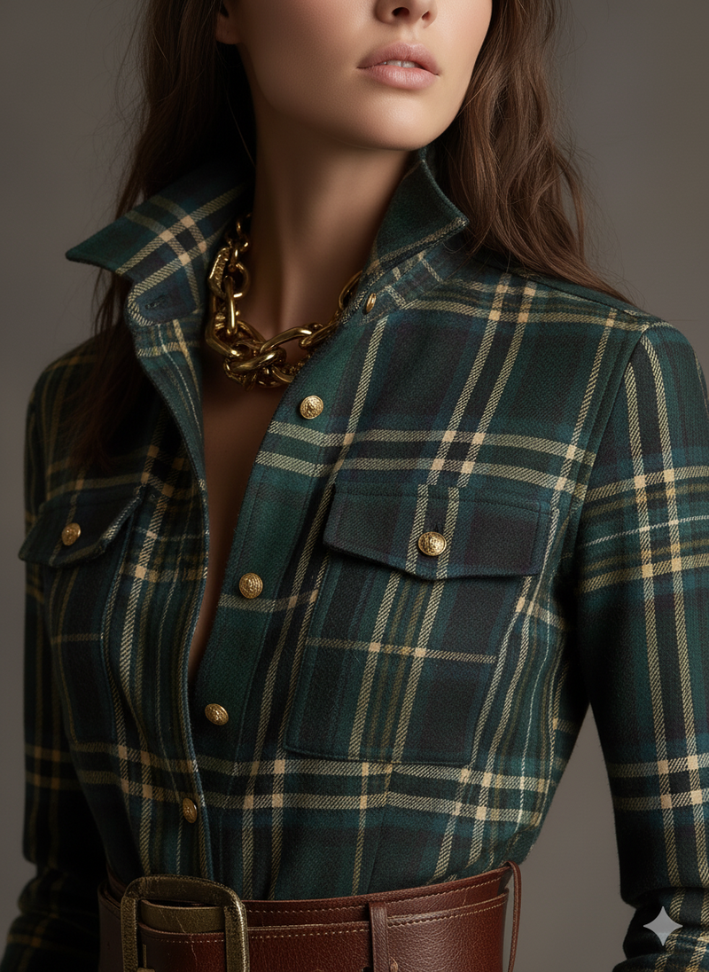 Person wearing a green plaid jacket with gold buttons and a brown belt.