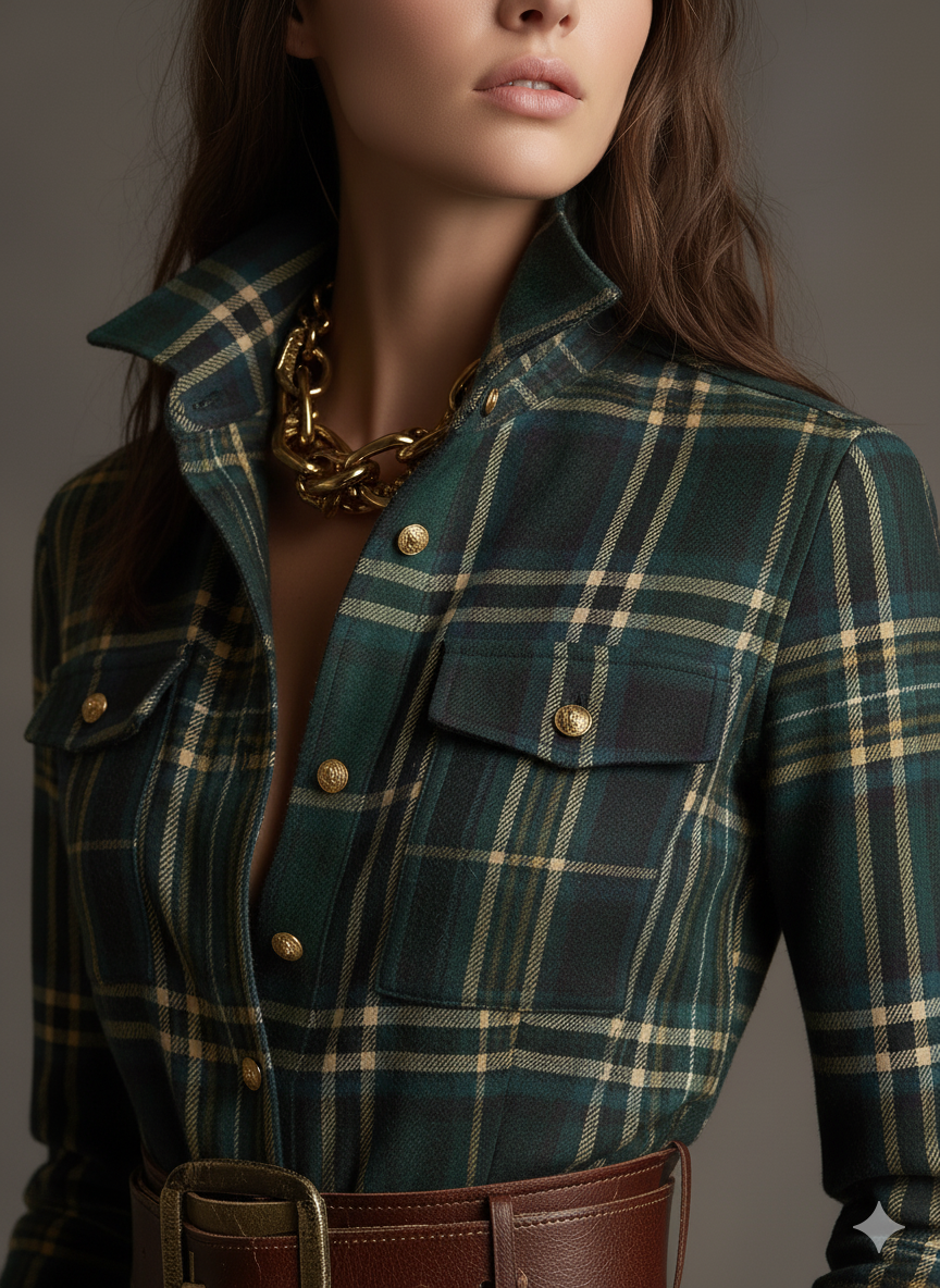 Person wearing a green plaid jacket with gold buttons and a brown belt.