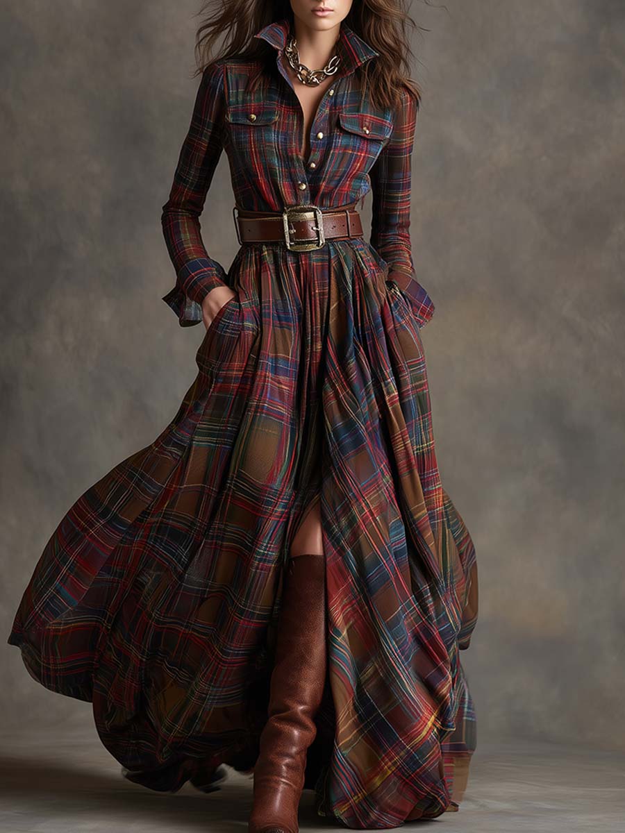 Long plaid dress with a belt and brown boots on a neutral background
