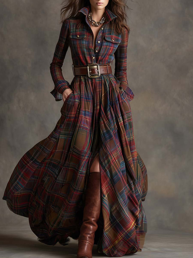 Long plaid dress with a belt and brown boots on a neutral background
