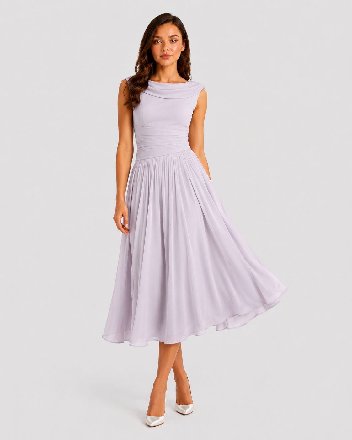 Woman wearing a light purple dress on a plain background
