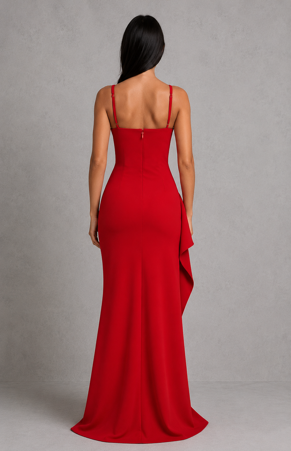 Red evening gown on a gray background