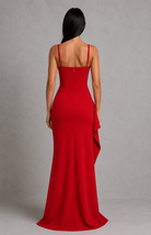 Red evening gown on a gray background