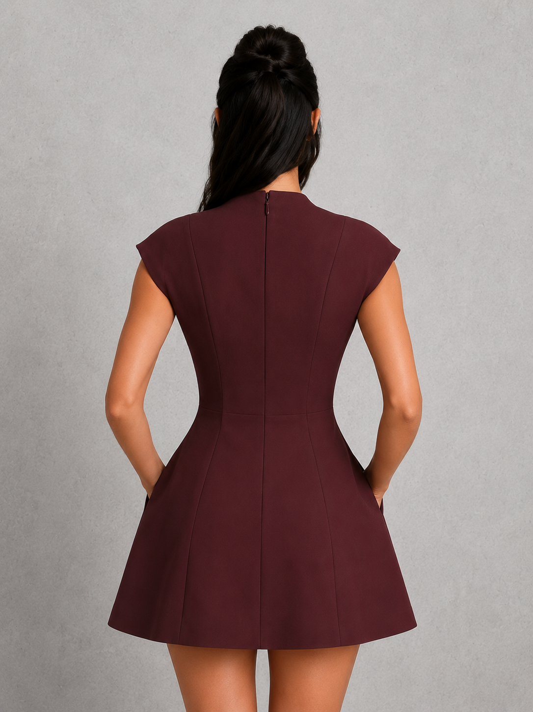 Burgundy dress worn by a person on a gray background