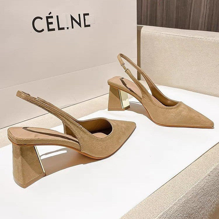 Beige high-heeled shoes on a white surface with 'Cél.ne' branding in the background.